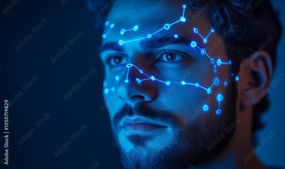 Obraz premium Portrait of Man with Neon Network Nodes Highlighting Face Against Dark Blue Background, Artificial Intelligence and Technology Concept, Generative AI