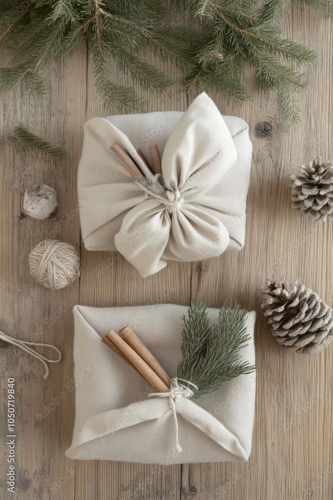 Elegant zero-waste gift wrapping on a rustic wooden table featuring neutral-toned fabric, natural elements, and soft lighting creates a warm atmosphere for the holiday season Elegant zero-waste gift wrapping on a rustic wooden table featuring neutral-toned fabric, natural elements, and soft lighting creates a warm atmosphere for the holiday season