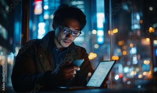 Wallpaper Mural Man Using Mobile Phone and Laptop for Online Work and Data Search in Modern Digital Technology Concept at Night, IoT, E-commerce and Digital Marketing, Generative AI Torontodigital.ca