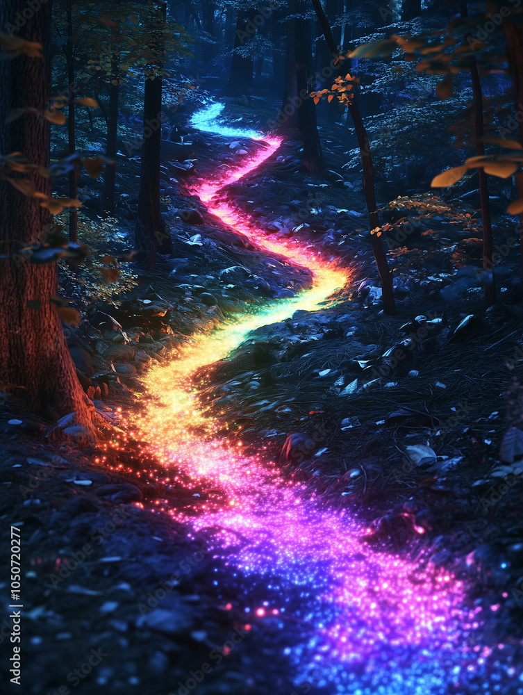 Obraz premium forest with rainbow-colored path glowing through trees 