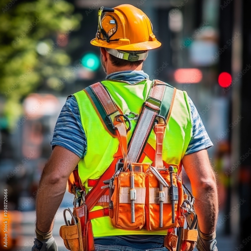 Construction worker in safety gear overseeing urban site work with focus on safety and efficiency Construction worker in safety gear overseeing urban site work with focus on safety and efficiency