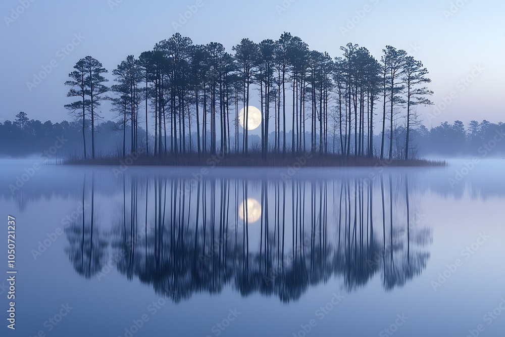 Obraz premium Serene full moon reflected over misty lake with pine tree island at dusk