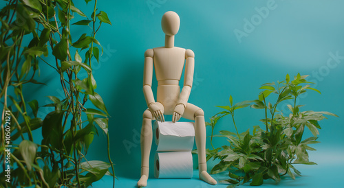 Wooden mannequin sitting on a toilet paper roll, isolated on a blue background with green plants