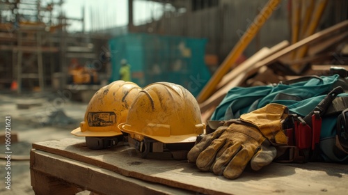 Safety gear on construction site helmets and gloves ready for work photo