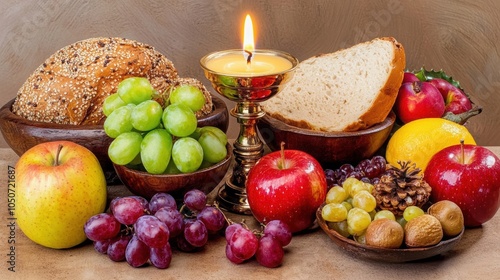 A rustic display of assorted fruits and bread with a candle, creating a warm and inviting atmosphere for a cozy meal.