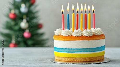 A vibrant birthday cake adorned with colorful candles, perfect for celebrations and festive occasions during the holiday season. photo