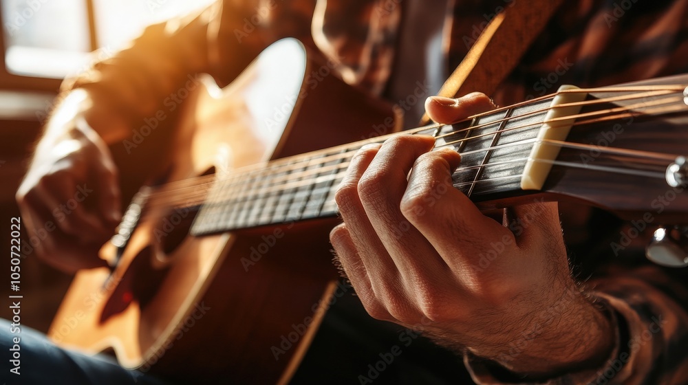 Close-Up of Musician Playing Acoustic Guitar with Warm Sunlight, Highlighting Hand Position and Guitar Strings in a Cozy Setting Close-Up of Musician Playing Acoustic Guitar with Warm Sunlight, Highlighting Hand Position and Guitar Strings in a Cozy Setting