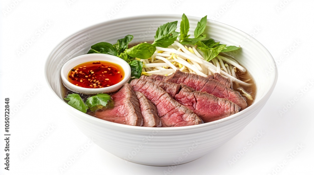 Beef pho with rich broth and rare steak slices, isolated on a white porcelain bowl, with a side of hoisin sauce and sriracha Beef pho with rich broth and rare steak slices, isolated on a white porcelain bowl, with a side of hoisin sauce and sriracha