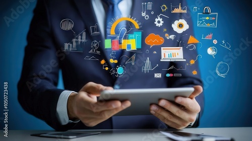Digital Marketing Expert Strategizing Campaign with Tablet and Floating Icons Representing Marketing Tools, Analytics, and Creativity