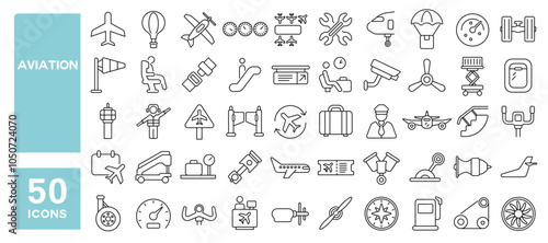 Set of 50 line icons related to aviation, airline, aircraft, flight, transport, plane, jet, aeroplane, copter, Editable stroke. Vector illustration