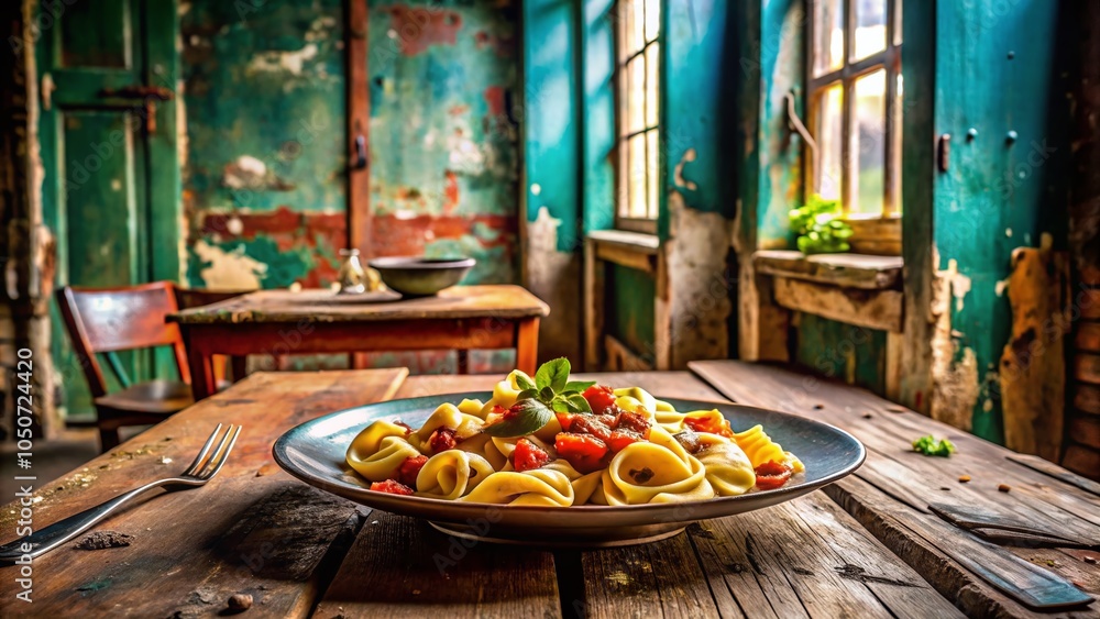 Fototapeta premium Urban Exploration: Tortellini with Sauce in an Abandoned Restaurant Setting