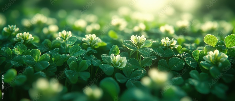 Obraz premium Clover Field from Ant's Perspective, vibrant green foliage, delicate white flowers, immersive ground-level view, nature's intricate beauty