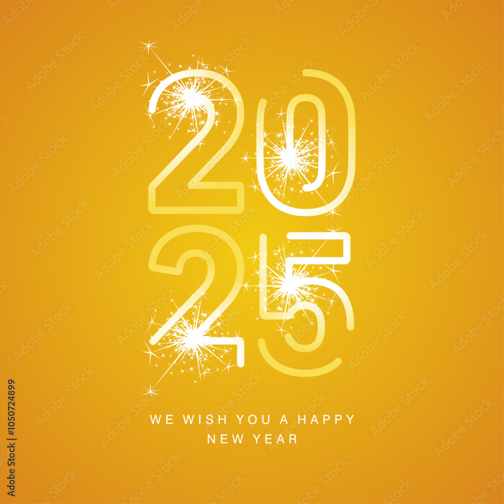 Fototapeta premium Happy New Year 2025 neon led light yellow line art design shape of 2025 year logo with sparkle firework on orange yellow background. Moving lights on numbers, social media template for 2025