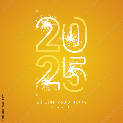 Happy New Year 2025 neon led light yellow line art design shape of 2025 year logo with sparkle firework on orange yellow background. Moving lights on numbers, social media template for 2025