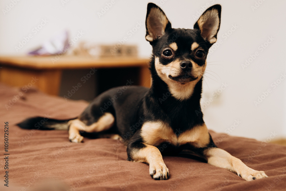 A brown beautiful purebred Chihuahua lies and sits on the bed and looks at the camera A brown beautiful purebred Chihuahua lies and sits on the bed and looks at the camera
