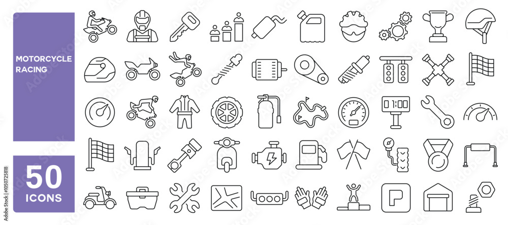 Set of 50 line icons related to motorcycle racing, podium, track, helmet, racer, drive, speed, winning, cup, motorbike, Editable stroke. Vector illustration Set of 50 line icons related to motorcycle racing, podium, track, helmet, racer, drive, speed, winning, cup, motorbike, Editable stroke. Vector illustration