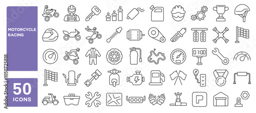 Set of 50 line icons related to motorcycle racing, podium, track, helmet, racer, drive, speed, winning, cup, motorbike, Editable stroke. Vector illustration