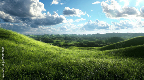 Vast, green field with mountains in the background. The sun is shining brightly, creating a warm and inviting atmosphere