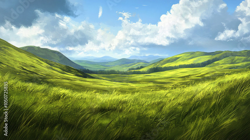 Vast, green field with mountains in the background. The sun is shining brightly, creating a warm and inviting atmosphere