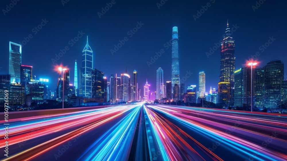 Obraz premium Digital Data Highway with Glowing Code Lines