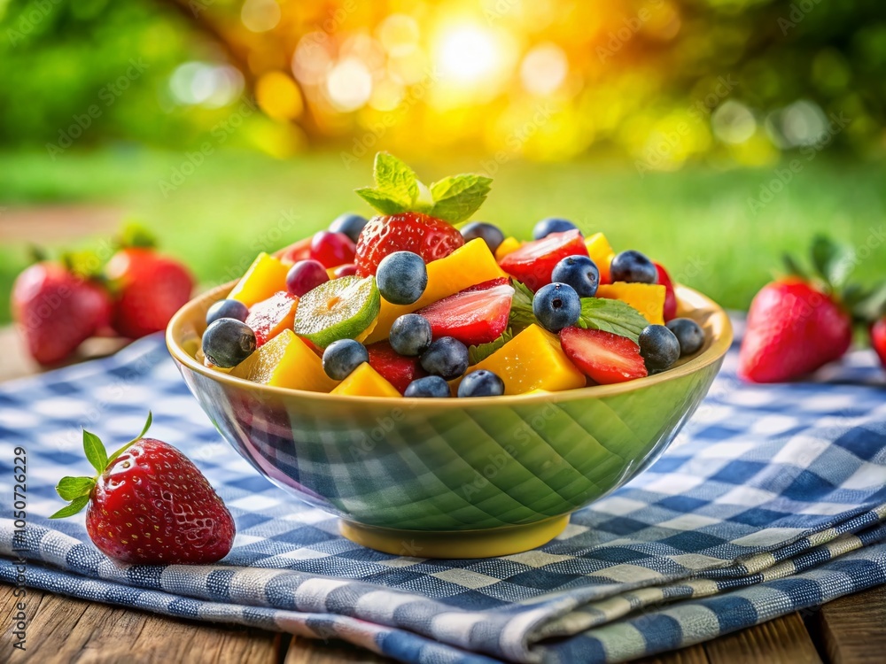 Vibrant Fruit Salad on Picnic Blanket - Fresh Ingredients and Bokeh Effect for Summer Outdoor Dining