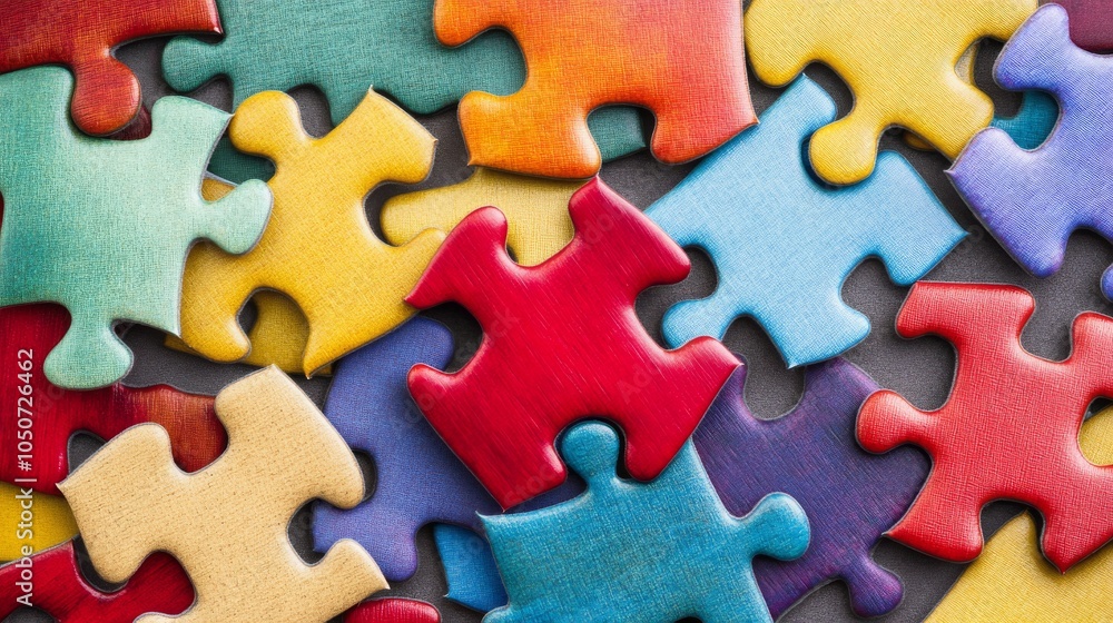 A collection of puzzle pieces in various colors and sizes fitting together seamlessly, Symbolizing the unity and harmony achieved through diversity, photography style A collection of puzzle pieces in various colors and sizes fitting together seamlessly, Symbolizing the unity and harmony achieved through diversity, photography style