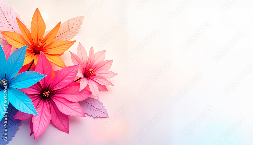 Obraz premium Vibrant colorful paper flowers on a soft pastel background with ample copy space copy space