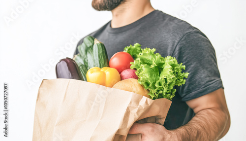 Anonimous delivery food service at home. Man courier delivered the order no name bag with food. photo