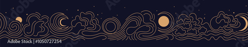 Moon, cloud, ocean. Magic art line vector pattern