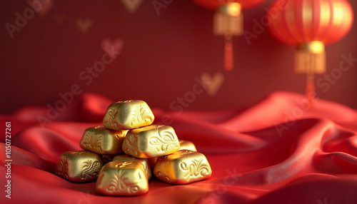 Pyramid of golden ingots on red silk fabric with decorative lanterns for Lunar New Year 