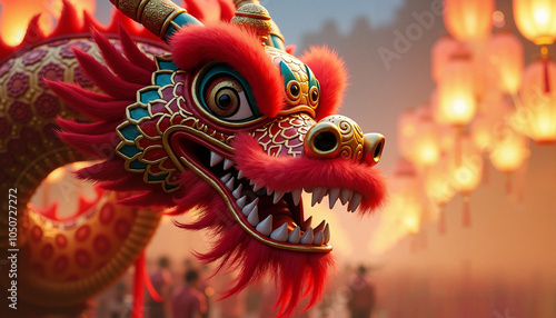 Colorful dragon puppet performing at Lunar New Year celebration amidst glowing lanterns