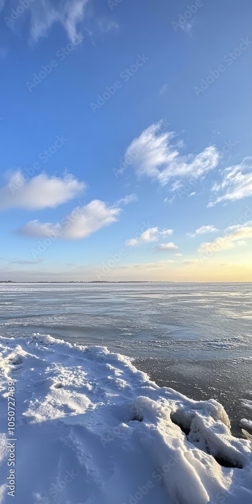 Frozen Lake Landscape: Winter Scenery With Blue Sky and Snow Frozen Lake Landscape: Winter Scenery With Blue Sky and Snow
