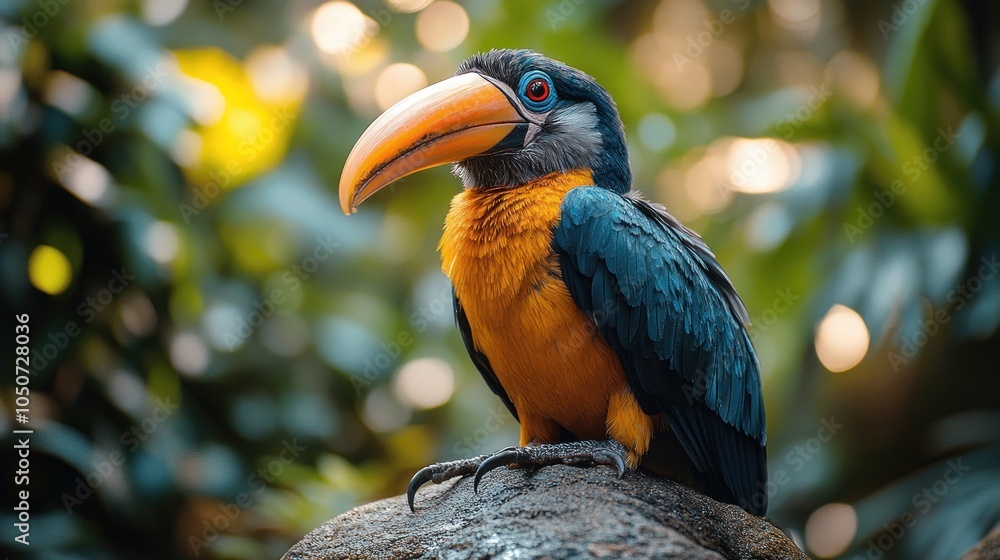 Fototapeta premium A colorful toucan with a large, orange beak perched on a rock in a tropical rainforest.
