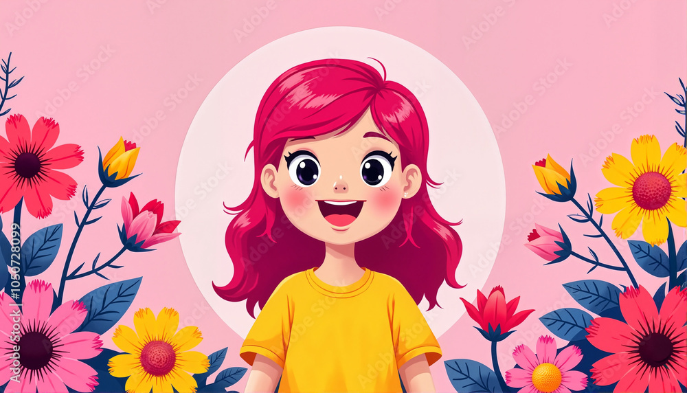 Cheerful girl with pink hair, playful mood, surrounded by colorful flowers, celebrating Women's Day, Cheerful girl with pink hair, playful mood, surrounded by colorful flowers, celebrating Women's Day,