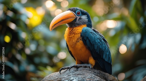 A colorful toucan with a large, orange beak perched on a rock in a tropical rainforest. photo