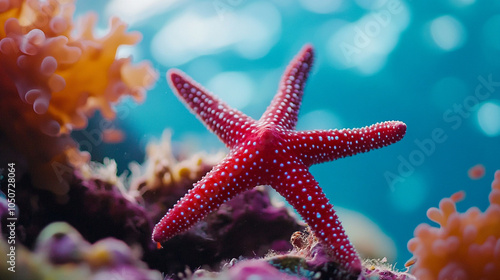 Red starfish is swimming in the ocean. The water is clear and blue. The starfish is surrounded by coral and other sea creatures