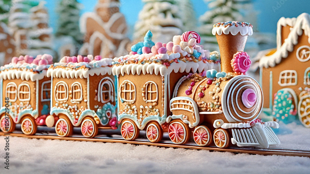 Obraz premium Christmas Gingerbread Train Adorned with Festive Decorations, Journeying Through a Magical Winter Landscape