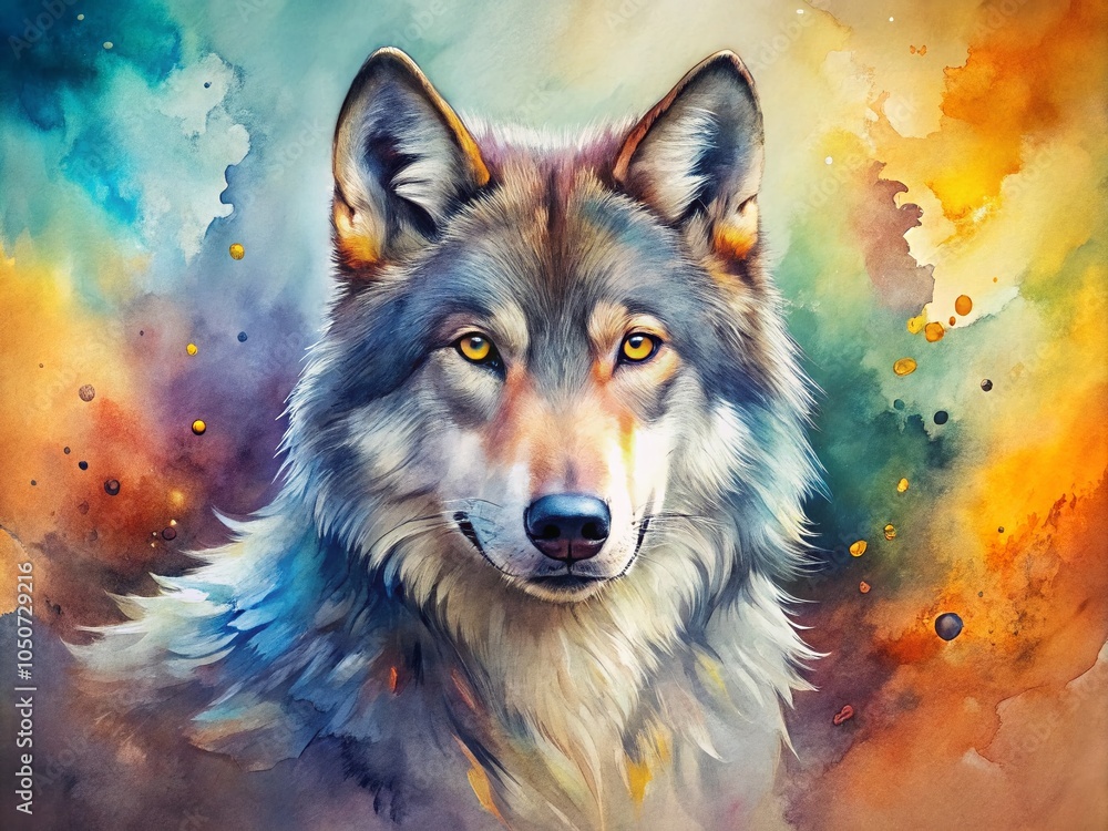 Vibrant Watercolor Wolf Art with Abstract Splashes - Artistic Home Decor Vibrant Watercolor Wolf Art with Abstract Splashes - Artistic Home Decor
