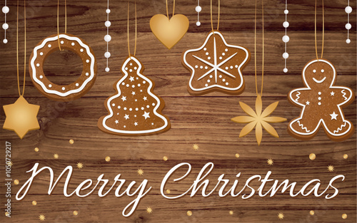 Christmas card with cute gingerbread cookies. Seasonal winter design. Vector illustration.

