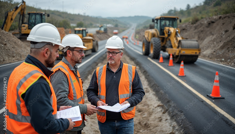 Civil engineers oversee road construction, emphasizing teamwork and safety at the site. Civil engineers oversee road construction, emphasizing teamwork and safety at the site.