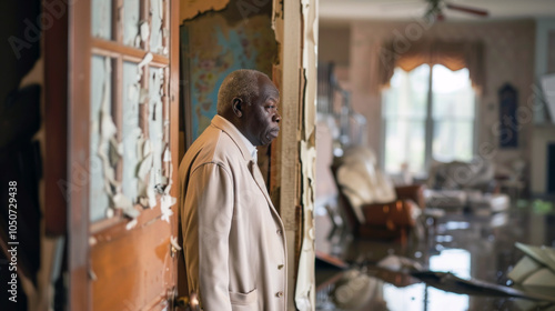 Elderly Black African American man contemplating the ruins of a flooded house, in somber reflection.