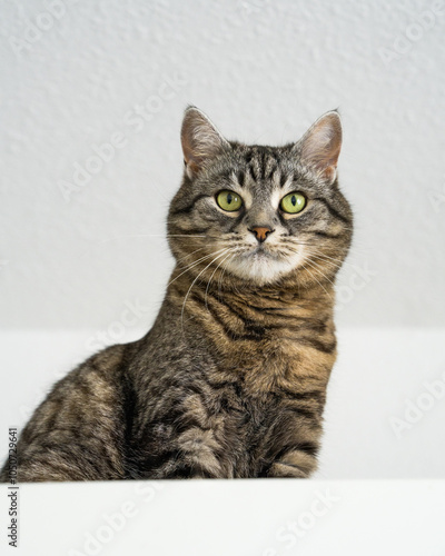 Adult gray striped tabby cat sitting at home, looking at camera. Favorite pet.