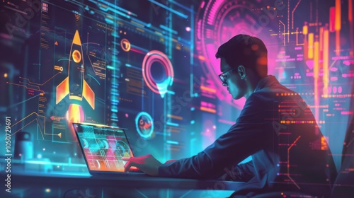 A startup programmer writes code on a laptop, collaborating on software development to launch the next big idea.