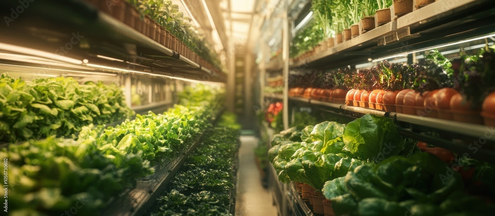 A modern indoor farm with rows of fresh green leafy vegetables growing under artificial lights. A modern indoor farm with rows of fresh green leafy vegetables growing under artificial lights.