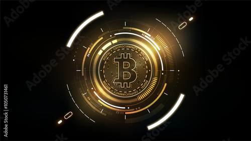 Golden bitcoin digital currency, futuristic digital money, technology worldwide network concept, vector illustration