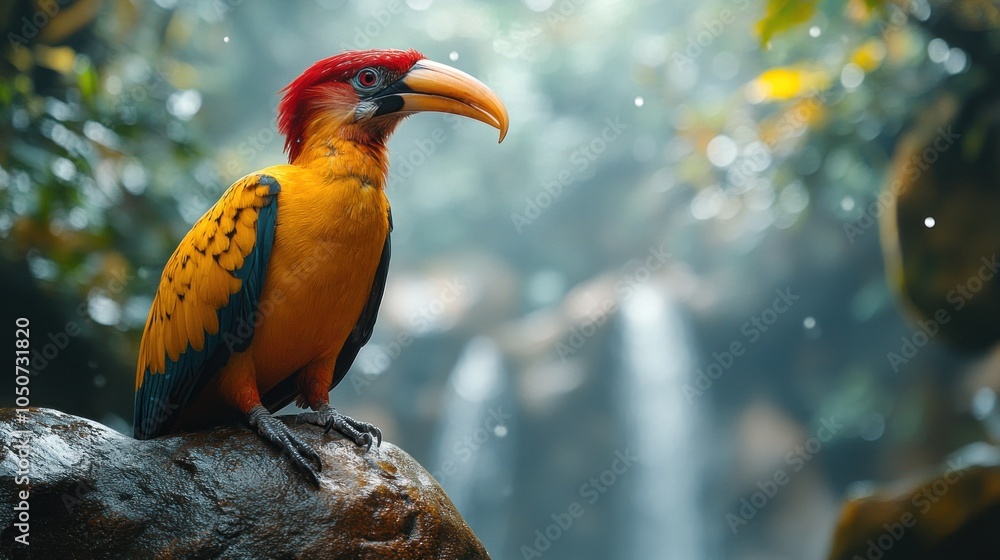 Fototapeta premium A colorful toucan with a large beak perches on a rock in front of a blurred waterfall.