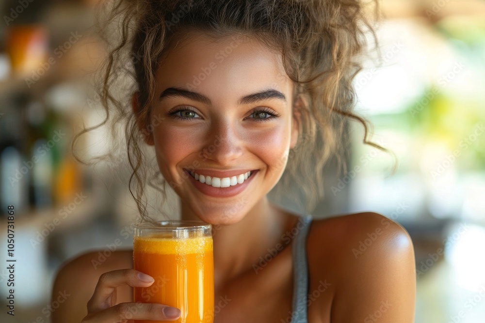 Smiling fitness woman holding juice at home, Generative AI Smiling fitness woman holding juice at home, Generative AI