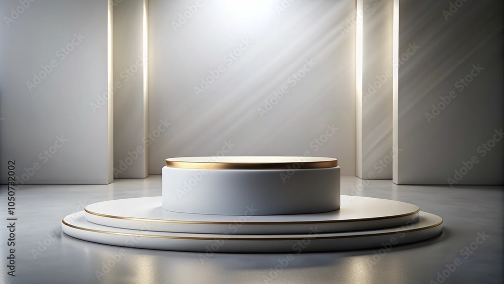 Obraz premium Minimalist white podium with gold accents and spotlight.