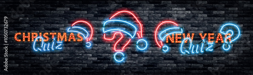 Vector set of neon sign of Christmas Quiz isolated on wall background. Concept of Happy New Year.