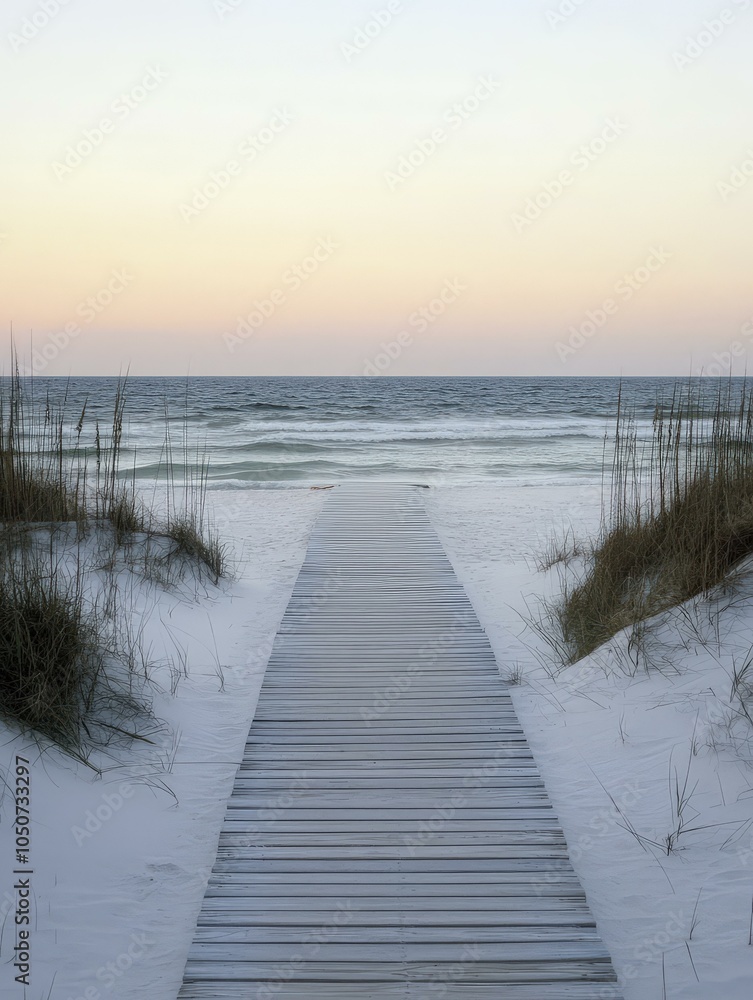 Naklejka premium Wooden Boardwalk Leading to the Ocean at Sunset